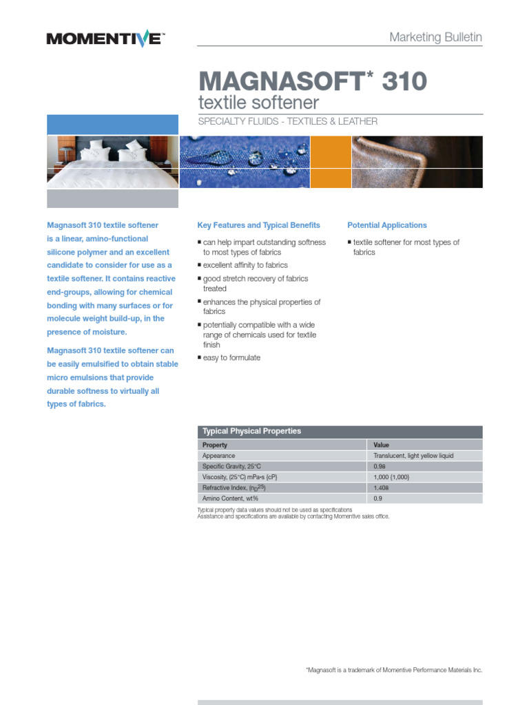 Magnasoft 310 Textile Softener Overview | PDF | Textiles | Emulsion