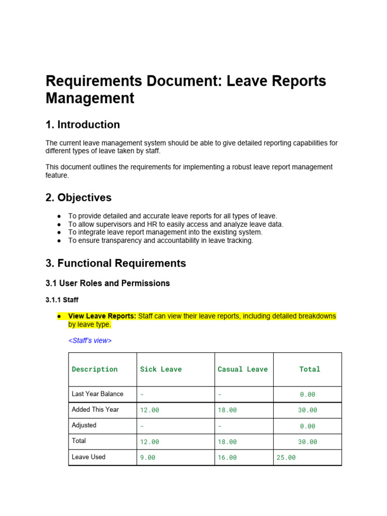 Requirements Document Leave Reports Management Pdf Information
