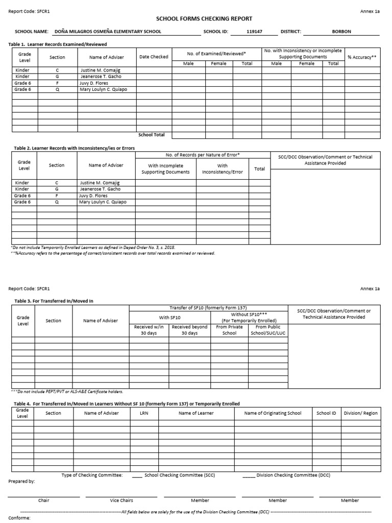 School Forms Checking Report SFCR1 | PDF