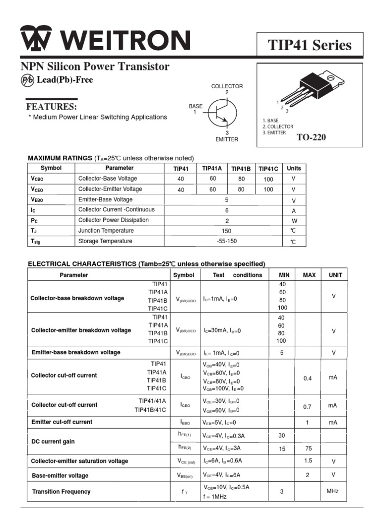TIP41 Transistor Datasheet Overview | PDF | Bipolar Junction Transistor ...