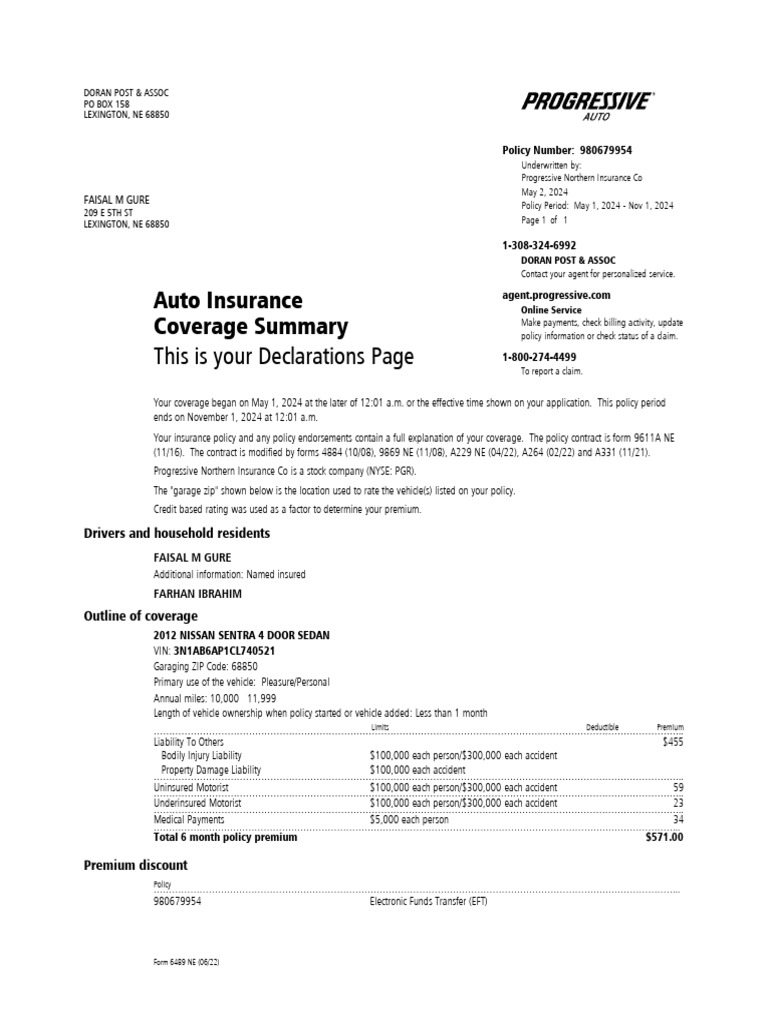 Progressive Insurance Declarations Page | PDF | Insurance | Liability ...