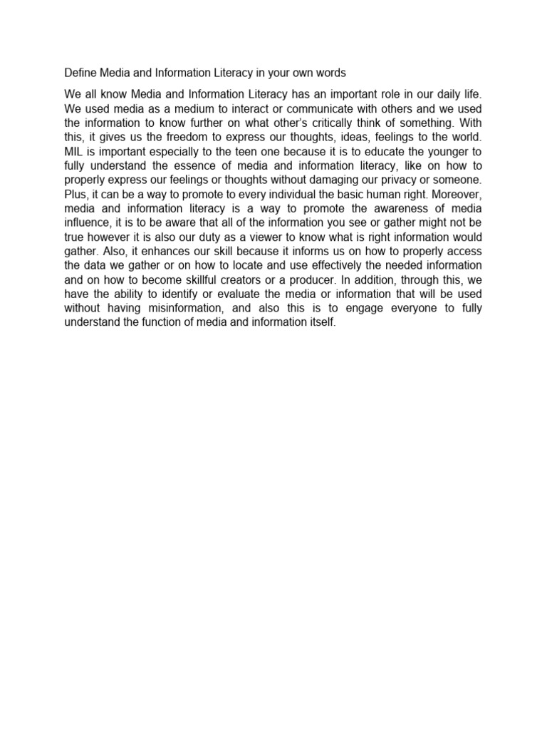 Define media and information literacy in your own words pdf