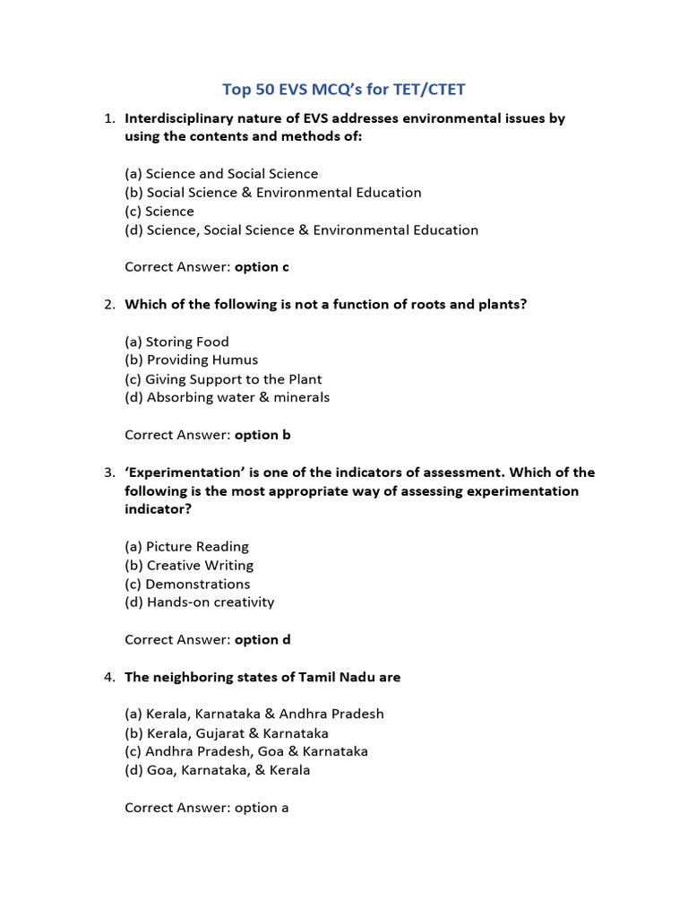 50 Important EVS MCQs Free CTET - TET E-Book | PDF | Learning | Curriculum