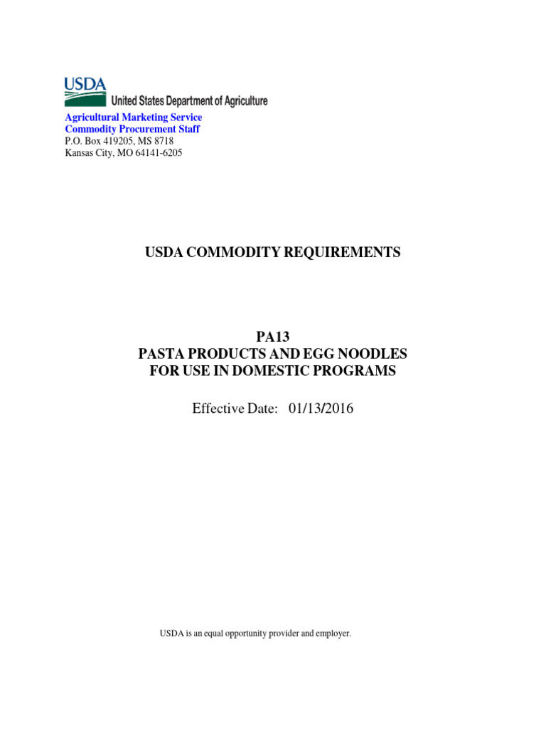 USDA Pasta Products Specifications | PDF | Pasta | Packaging And Labeling