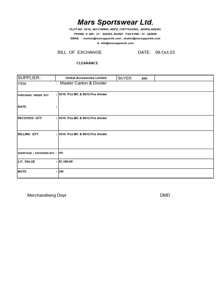 Bill of Exchange for Mars Sportswear | PDF