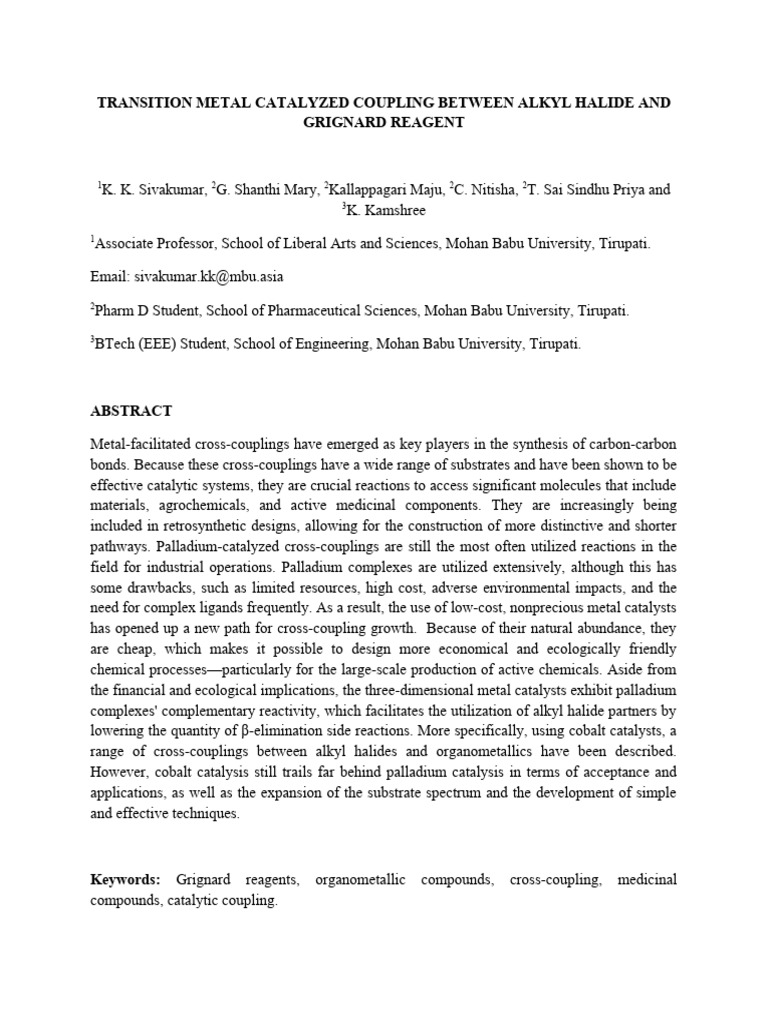 Transition Metal Catalyzed Coupling Between Alkyl Halide and Grignard ...