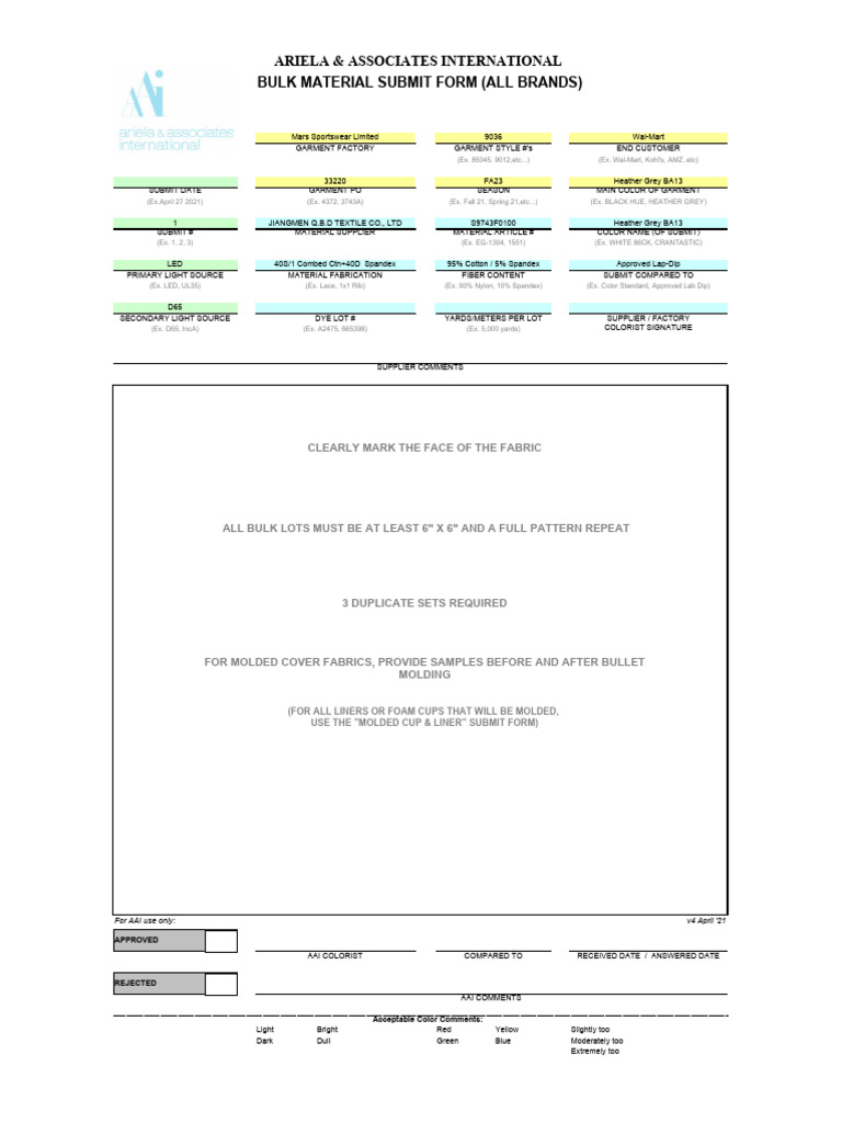 BA13 Bulk Material Submission Form | PDF | Textiles | Color