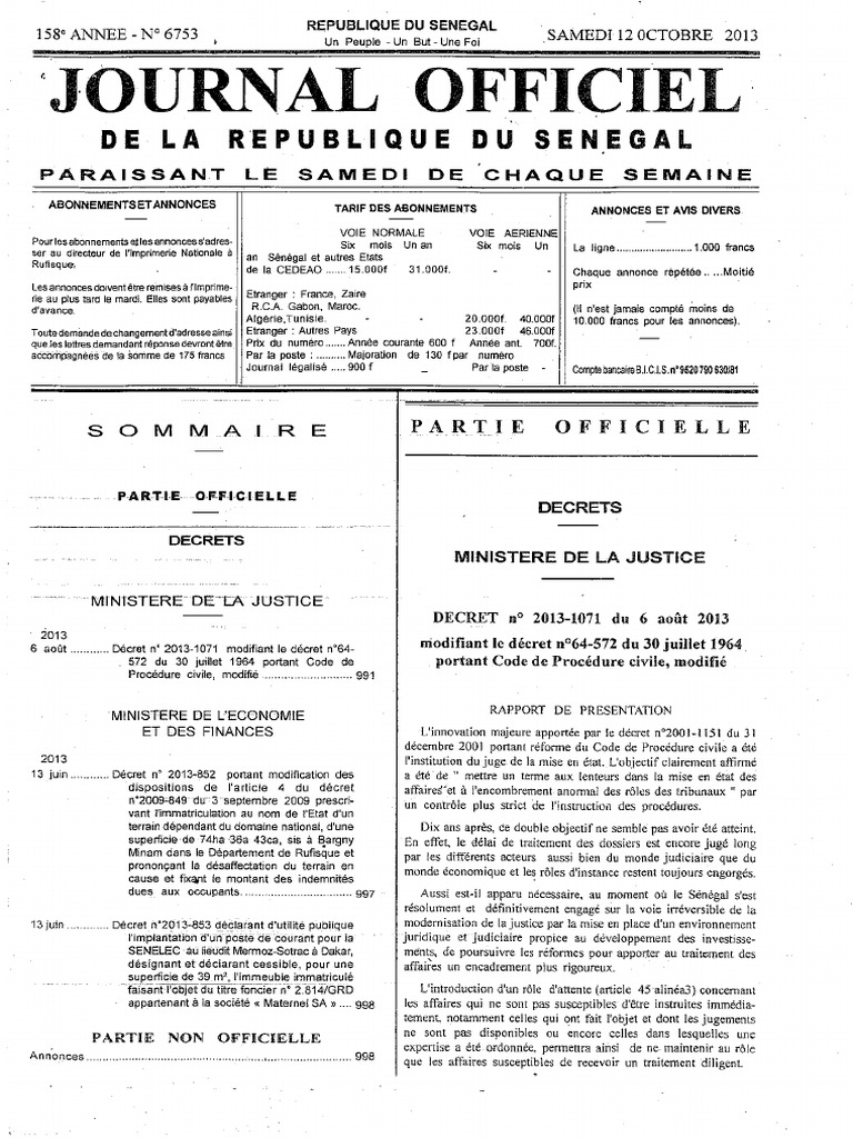 Decret Numero 2013 1071 DU 06 AOUT 2013 CODE DE PROCEDURE CIVLE | PDF