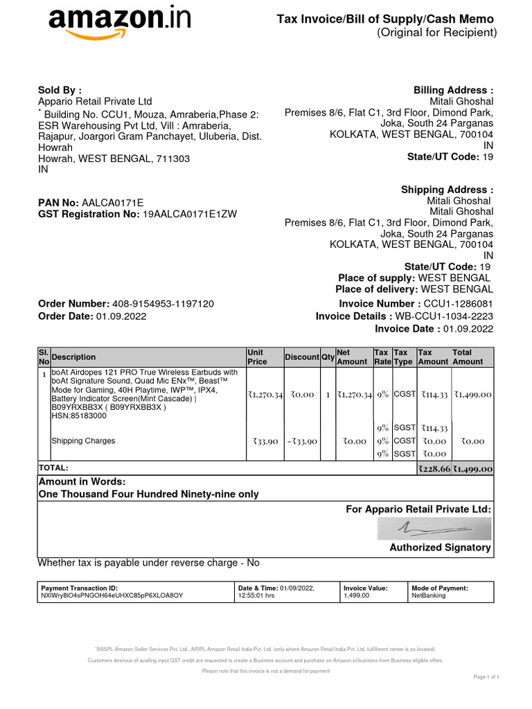 Sample Purchase Invoice for Online Order | PDF | Invoice | Money