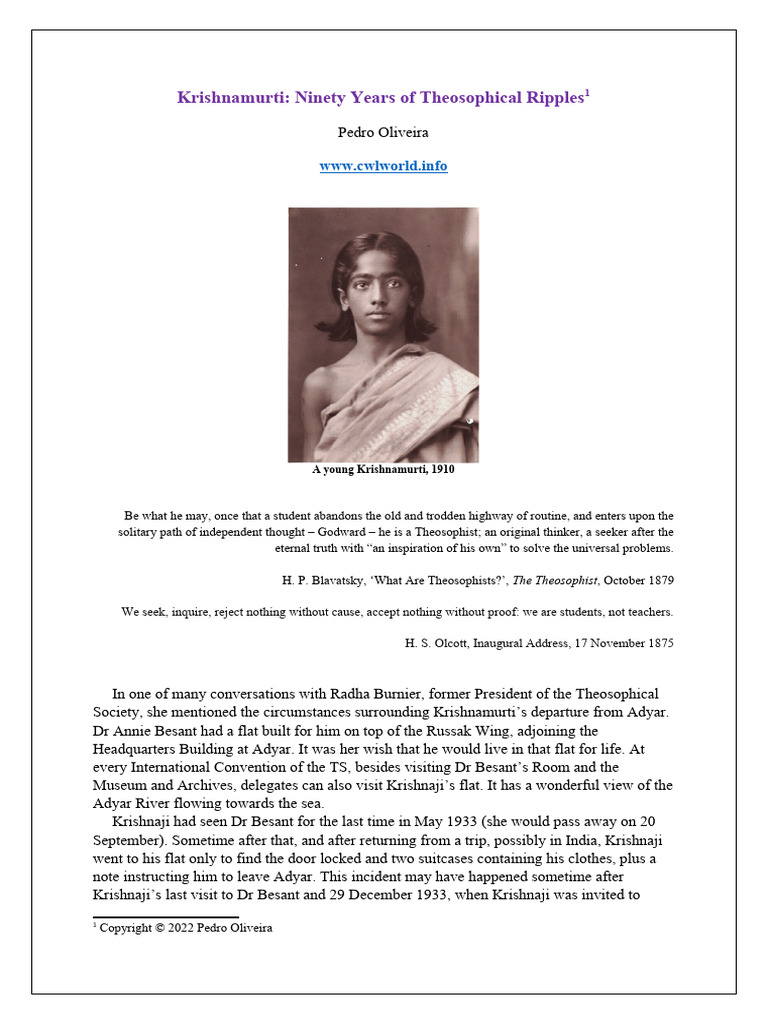 Krishnamurti's Theosophical Impact | PDF | Jiddu Krishnamurti | Theosophy