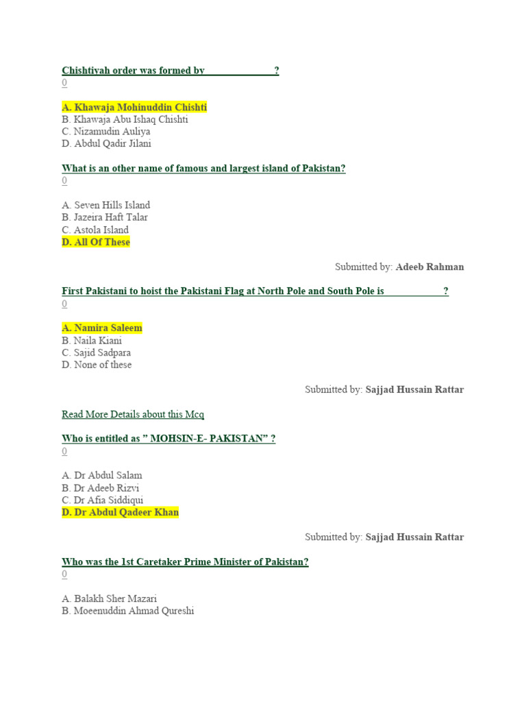 Pakistan Trivia MCQs and Historical Facts | PDF | Pakistan | All India ...