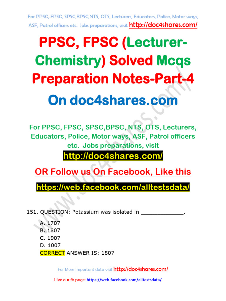 Ppsc Fpsc Lecturer Chemistry Solved Mcqs Preparation Notes Part 4 2