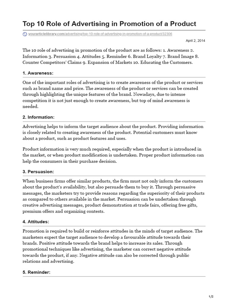 Top 10 Roles of Advertising in Promotion | PDF | Brand | Advertising