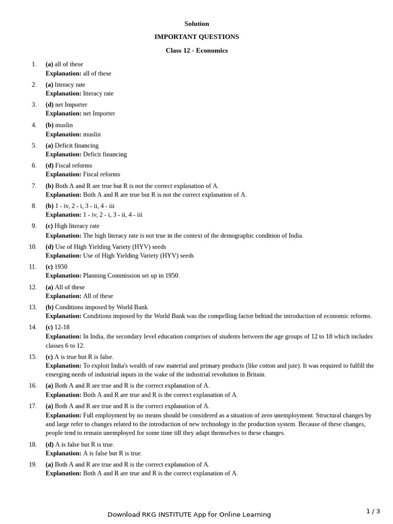 RKG Indian Eco Imp Q Part 1 Sol | PDF | Economic Growth | Labour Economics