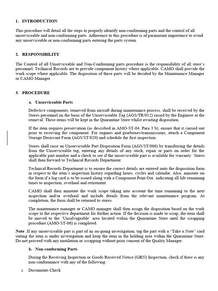 Control of Unserviceable Parts Procedure | PDF