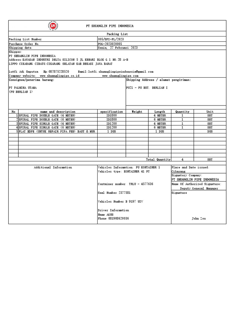 Packing List for PO POG-2023020005 | PDF