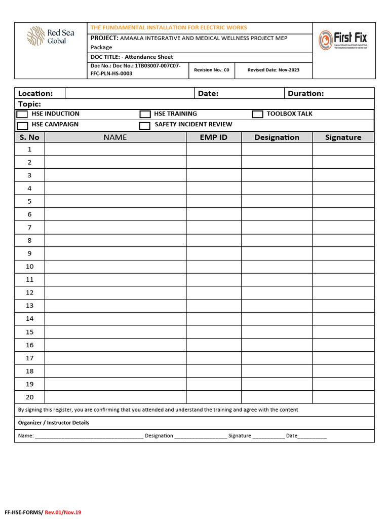 FF-HSE-ForMS - Wellness (Toolbox Talk Attendance Sheet) | PDF