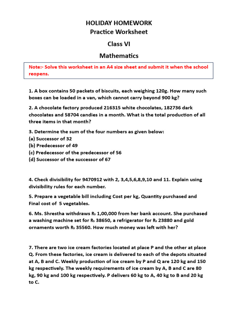 Class 6 HOLIDAY HOMEWORK Worksheet | PDF