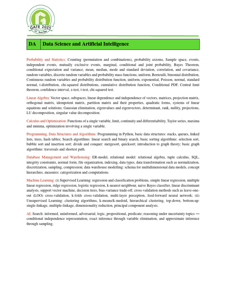 GATE DA 2025 Syllabus PDF Matrix (Mathematics) Regression Analysis