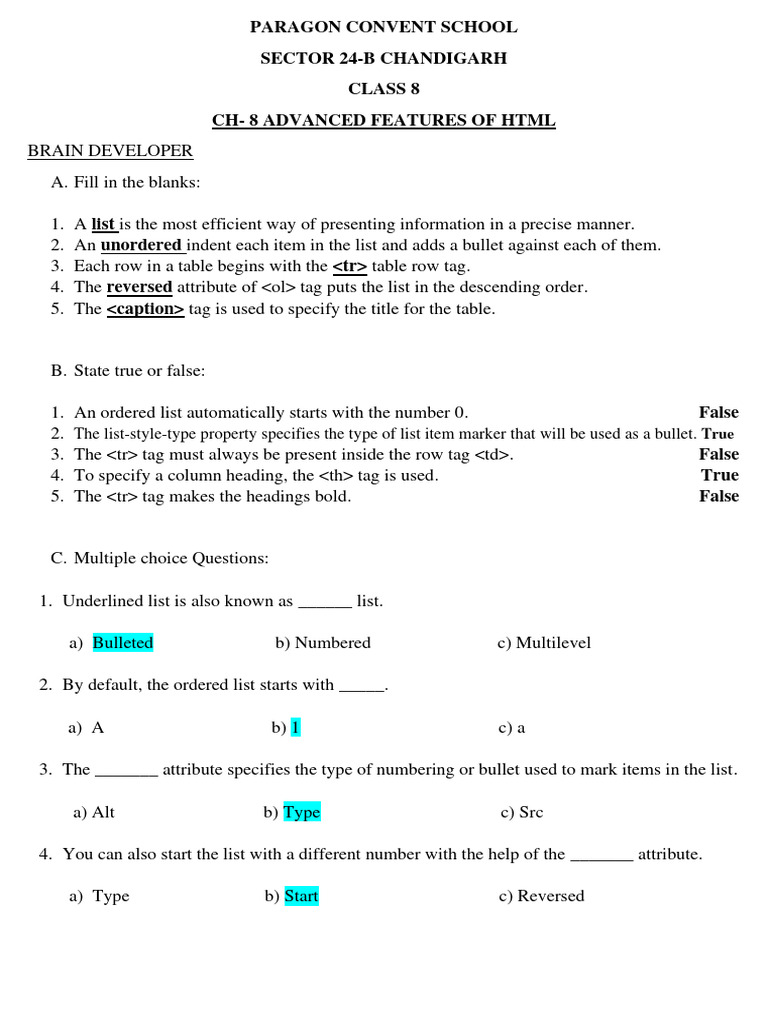 Class 8 HTML Advanced Features Guide | PDF | Html Element | Computer ...