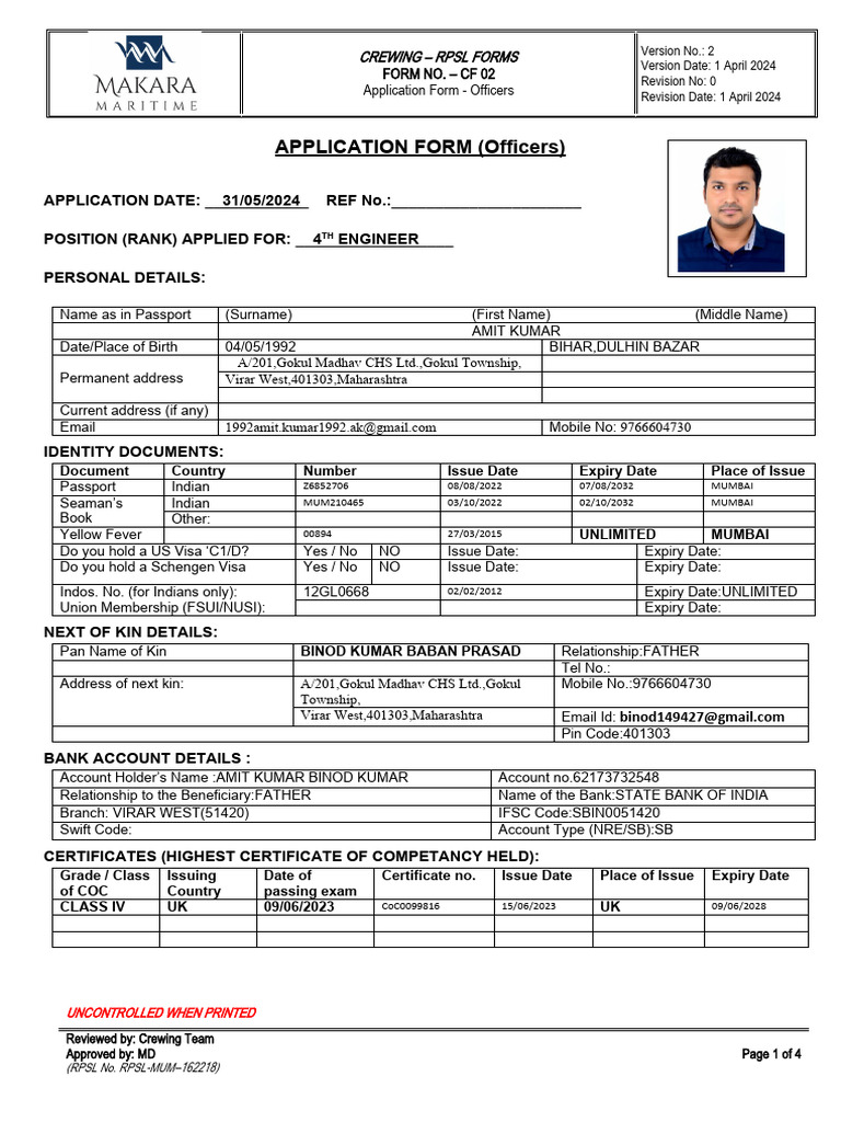 Officer Application Form CF 02 | PDF | Ships | Oil Tanker