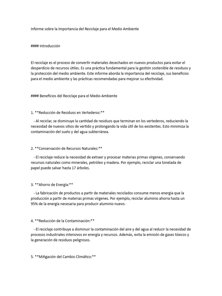 Informe Sobre La Importancia Del Reciclaje para El Medio Ambiente | PDF ...