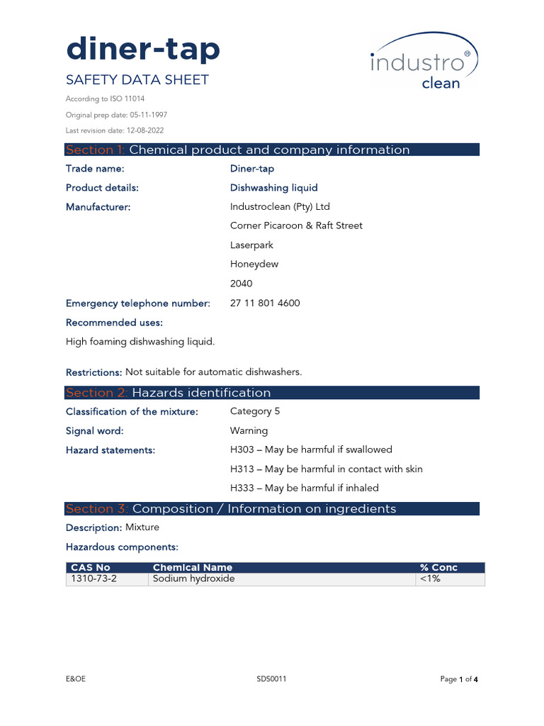 Diner-Tap Dishwashing Liquid SDS | PDF | Chemical Substances | Materials