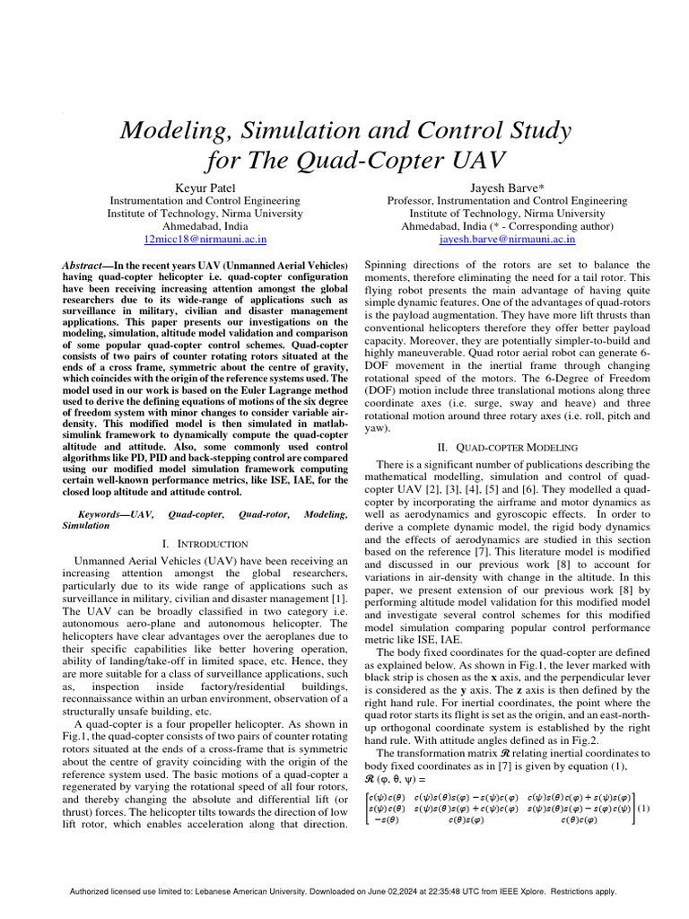 Quad-Copter UAV Modeling and Control | PDF | Quadcopter | Rotation