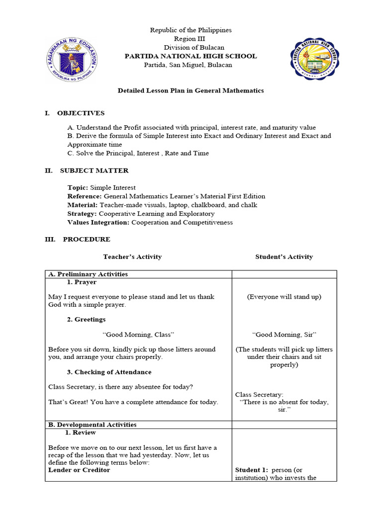 General Mathematics Lesson Plan: Simple Interest | PDF | Interest | Money