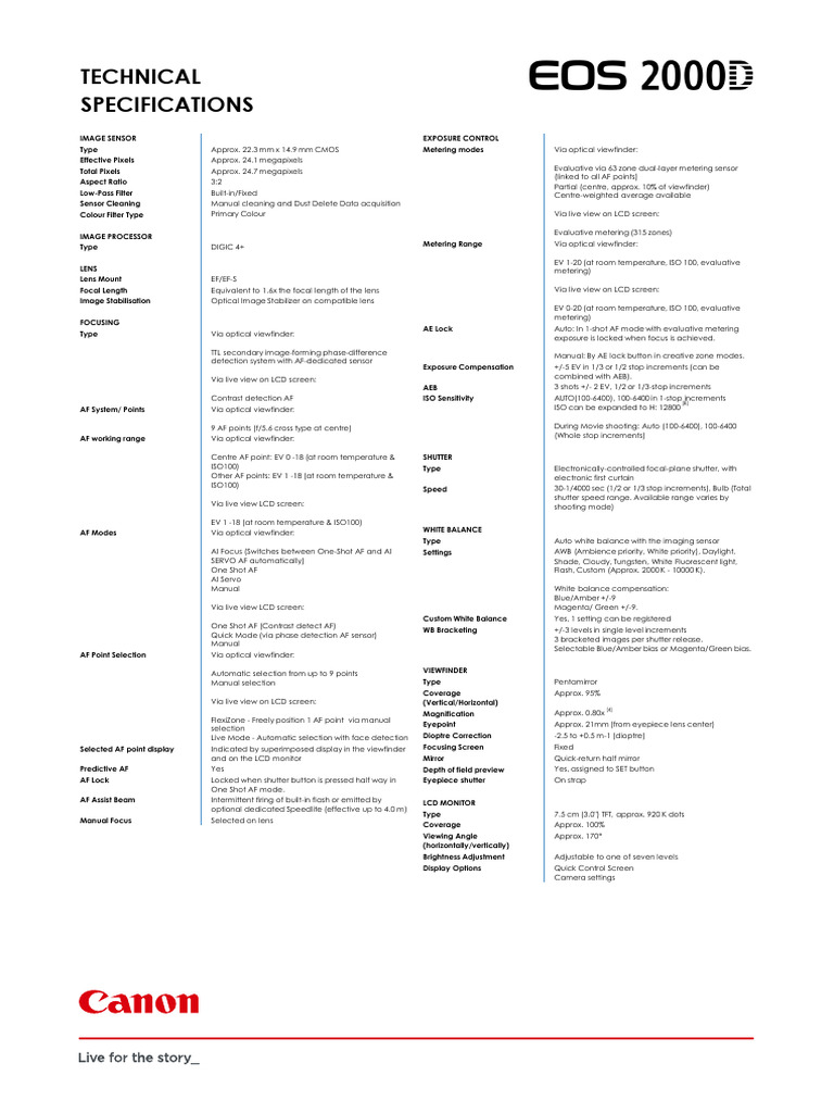 EOS 2000D_Specifications_EM_FINAL_tcm13-1656698 | PDF | Autofocus ...