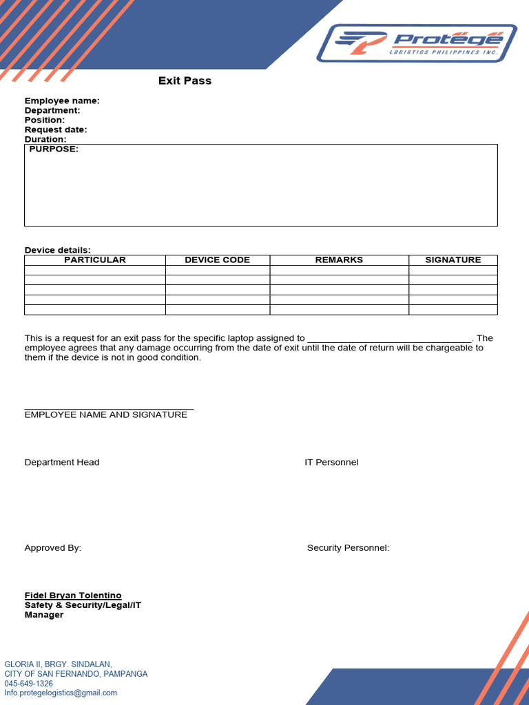 Exit Pass Request Form for Employees | PDF