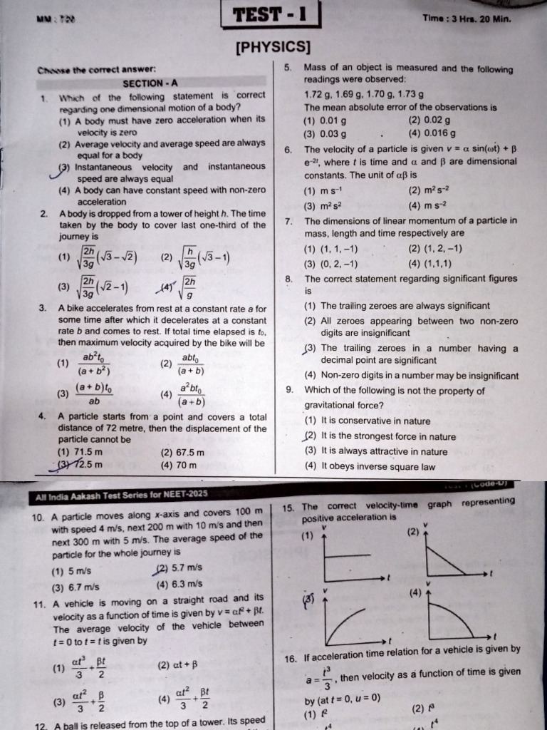 Physics Test Questions for NEET-2025 | PDF | Acceleration | Velocity
