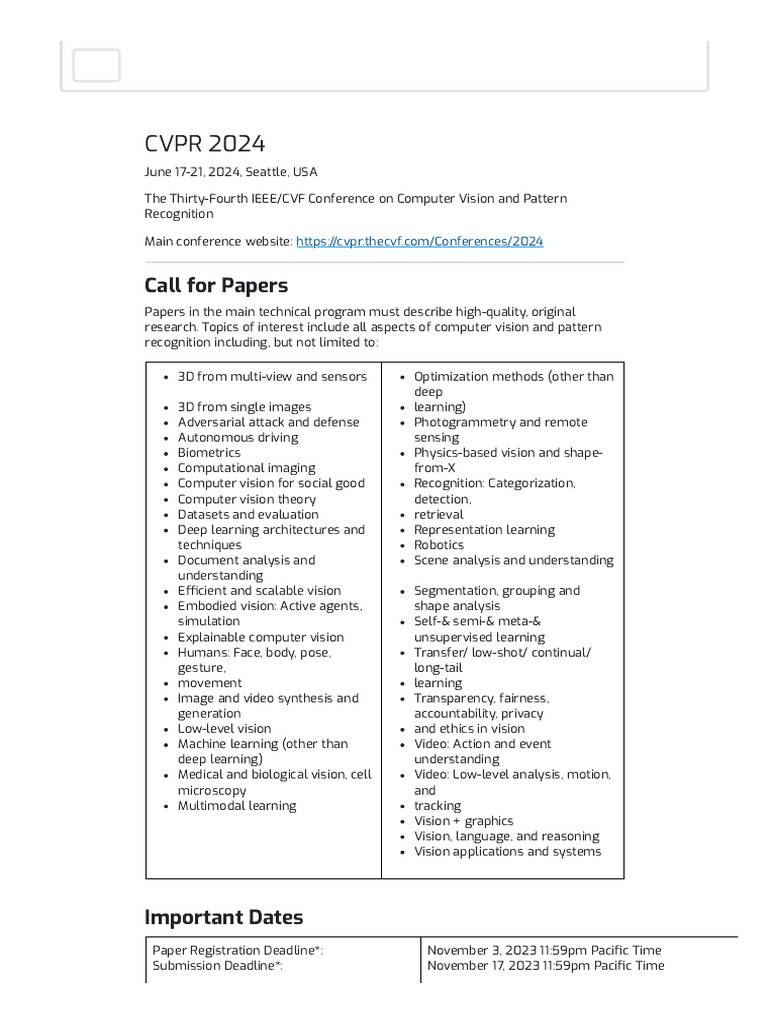 CVPR 2024 Call For Papers PDF Computer Vision Deep Learning
