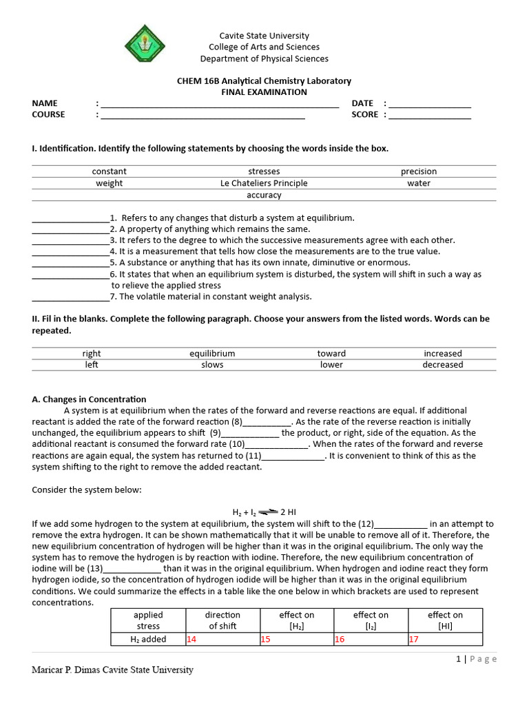 Final Exam in ANALYTICAL Chemistry Laboratory BSC2-8 | PDF | Chemical ...