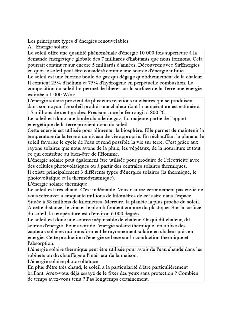 Types d'énergies renouvelables | PDF | Stockage de l'énergie | Biomasse ...