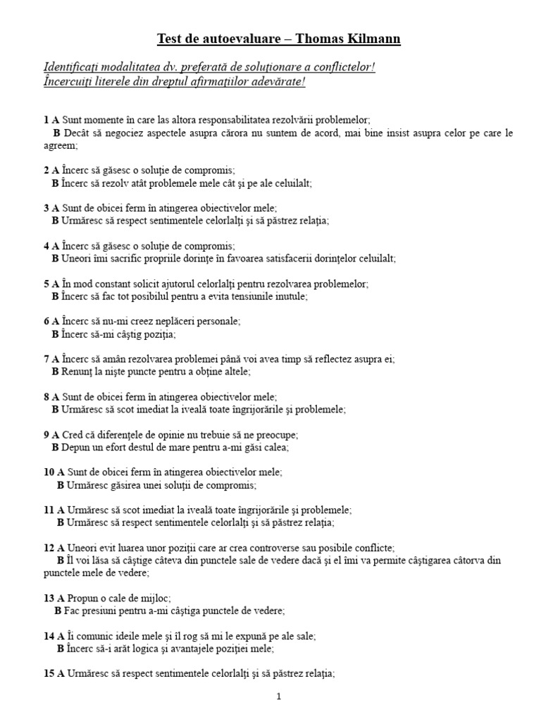 Test de Autoevaluare - Abordarea Conflictelor | PDF