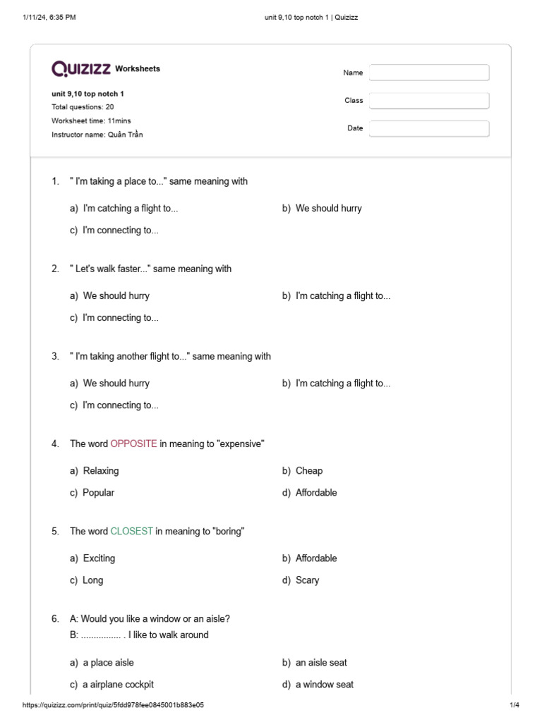 Unit 9 Worksheets for Top Notch 1 | PDF