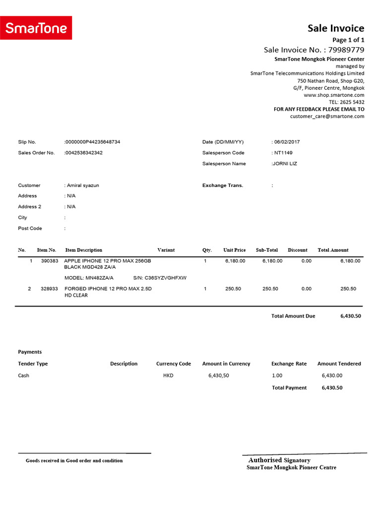 Sales Invoice for iPhone Purchase | PDF | Apple Inc. | I Phone