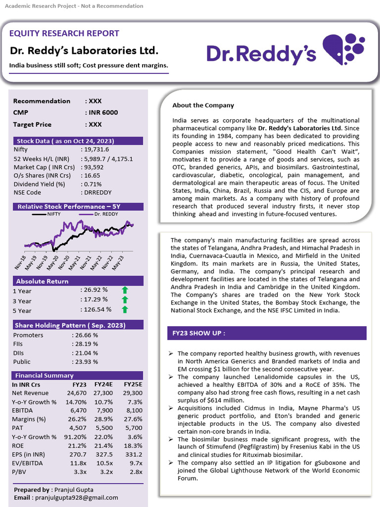Dr. Reddy's Laboratories Equity Report | PDF | Generic Drug ...