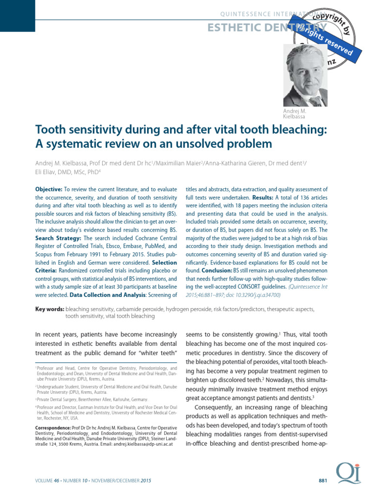 Tooth Sensitivity During and After Vital | PDF | Systematic Review ...
