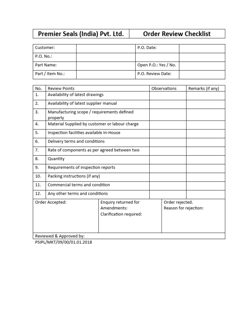 PSIPL-MKT-09 Order Review Checklist | PDF