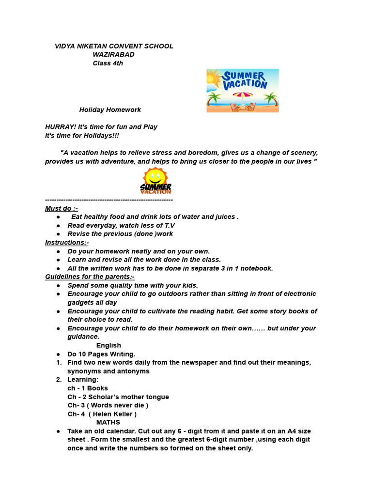 Holiday Homework Class 4th | PDF