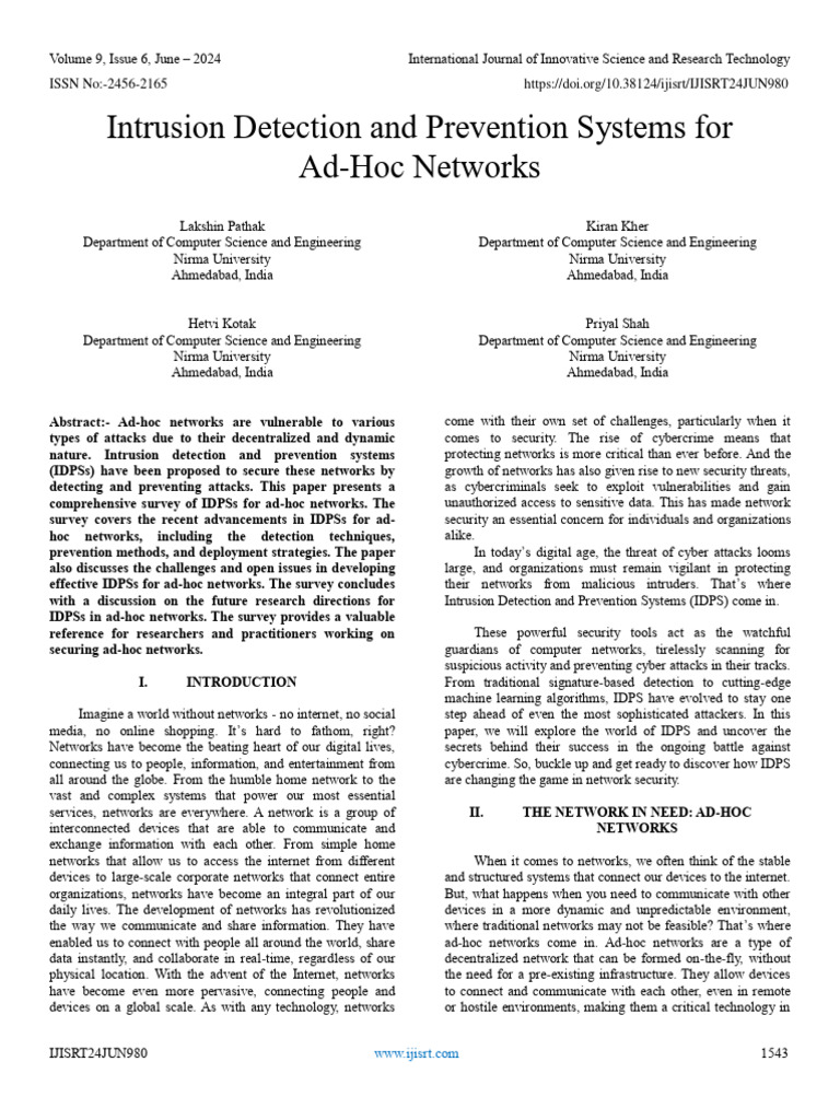 Intrusion Detection and Prevention Systems For Ad-Hoc Networks | PDF ...