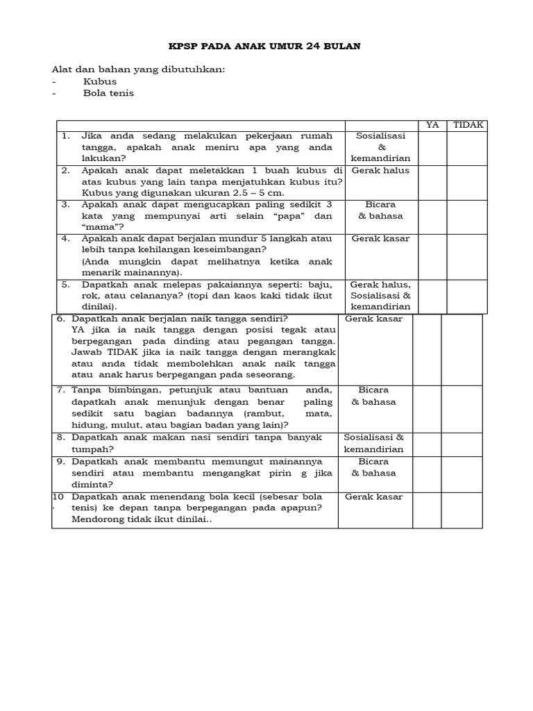 KPSP Anak Usia 24-54 Bulan: Panduan Evaluasi | PDF