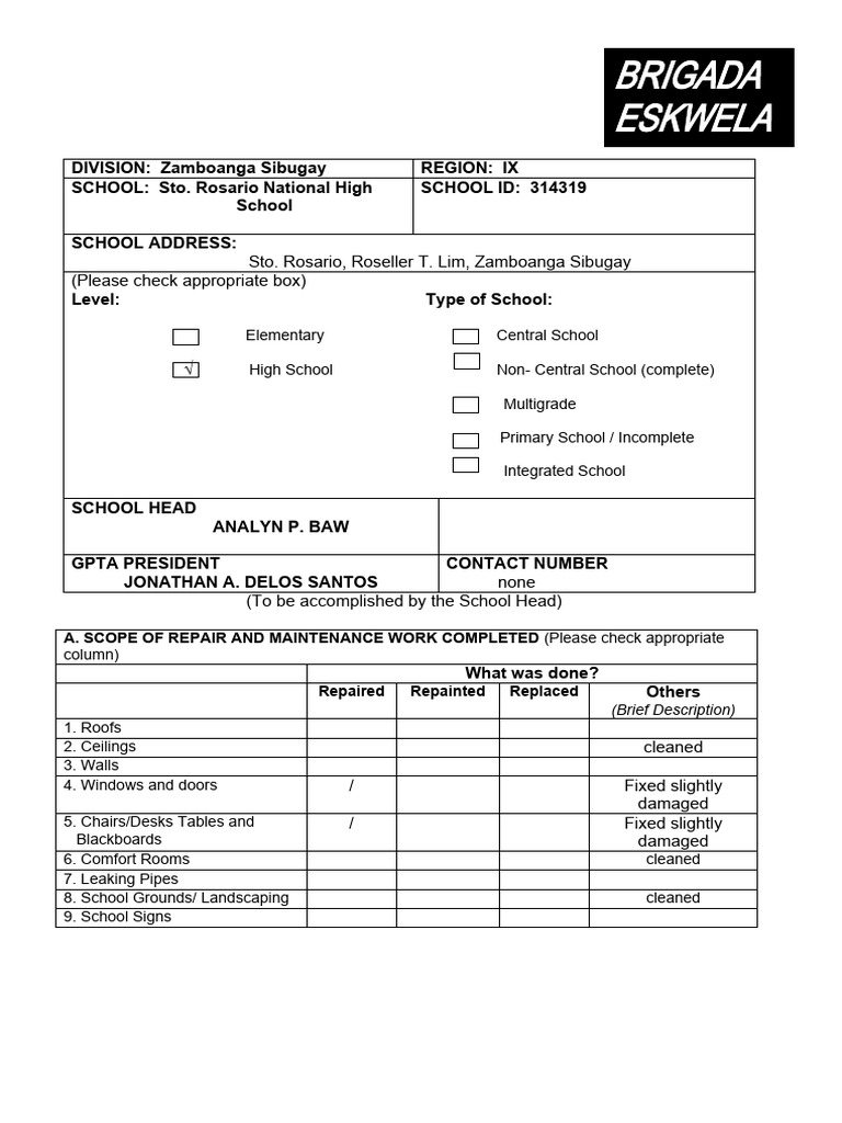 Sto. Rosario National High School Maintenance Report | PDF