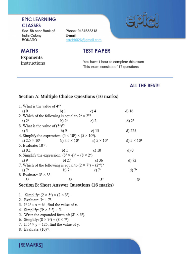CLC 8 Maths Exponents Test Paper | PDF | Teaching Methods & Materials ...