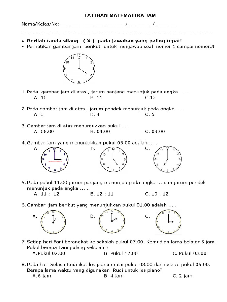 Latihan Soal Matematika Jam TK | PDF