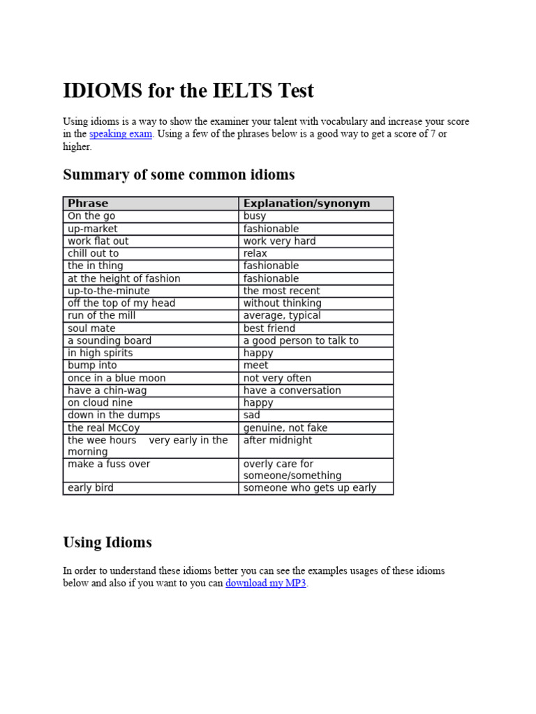 Essential IELTS Idioms for Speaking Success | PDF | Schools | Literacy
