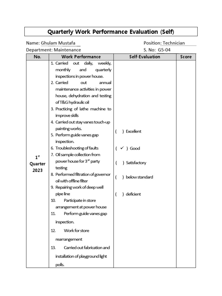 Quarterly Work Performance Evaluation (Self) Mustafa 23Q1 | PDF ...
