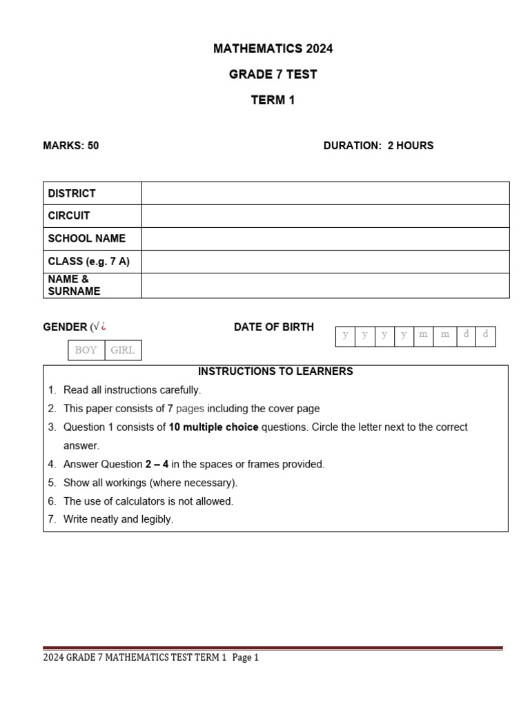 Grade 7 Mathematics Test Term 1 2024 - 021142 | PDF | Numbers | Percentage